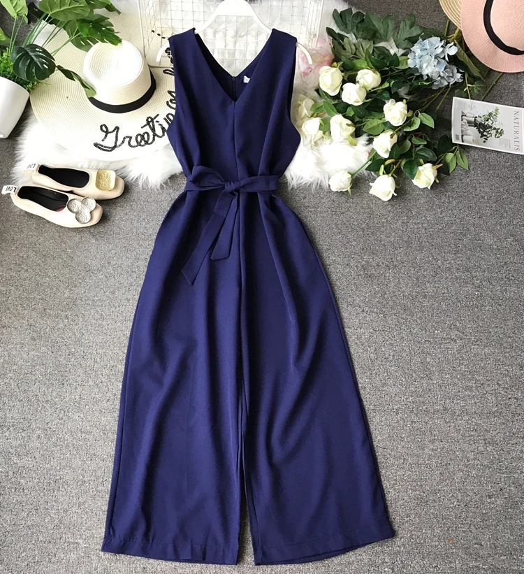 Женский комбинезон с высокой талией черный повседневный широкими штанинами без