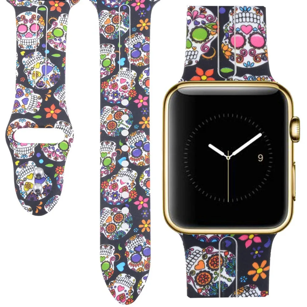 

Apple Watch Band, цветная силиконовая повязка на запястье с рисунком черепа, браслет 38 мм 40 мм