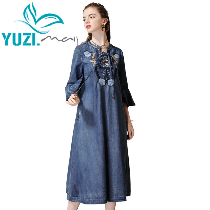 Летнее платье 2019 Yuzi.may бохо новые джинсовые женские платья с круглым вырезом