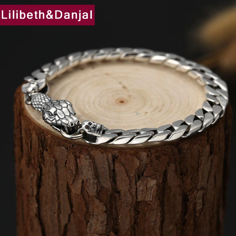 Браслет в стиле панк Змеиный череп гладкий 100% Стерлинговое Серебро 925 пробы для