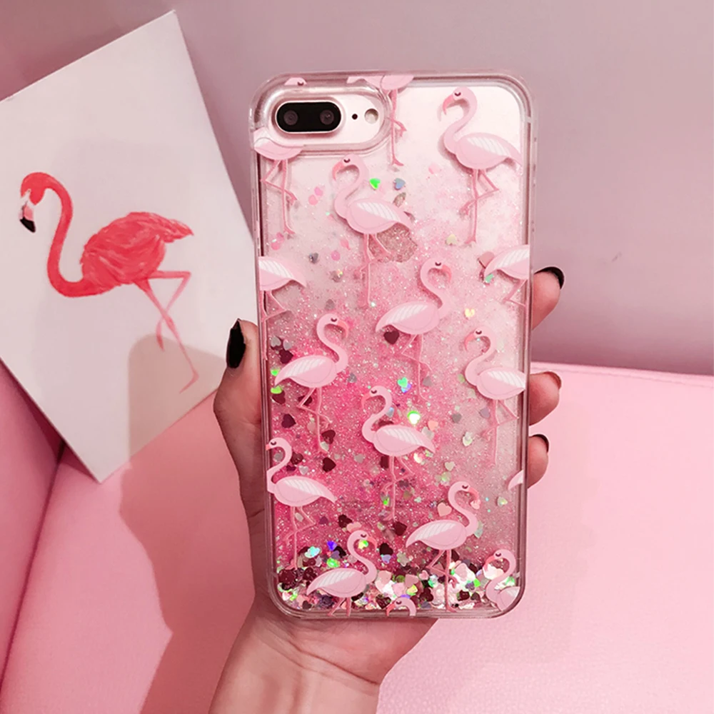 Glitter Dynamic liquid Flamingo Phone Cases For iPhone 6 6s 7 8 Plus Case Silicone Cover X Girly Coque Capa |