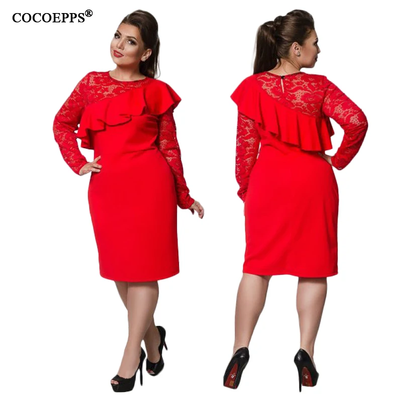 COCOEPPS, цветочное, кружевное, с оборками, из кусков, утолщенное, Осеннее, женское платье, 6XL, большой размер, вечерние, бодиком, женское платье, большой размер, красное, Vestido