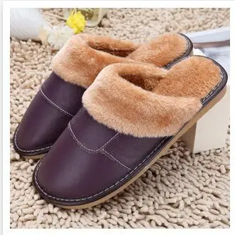 women purple 6 цветов; Новинка года; домашние тапочки из натуральной кожи; высококачественные женские и мужские тапочки; теплая Домашняя обувь из плюша для мужчин и женщин; Размеры 35-44 - Цвет: women purple