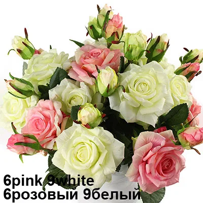 6pink 9white Настоящий букет розы с латексным покрытием, шелковые цветы для дома/свадьбы/Вечеринки, Декоративные искусственные цветы - Цвет: 6pink 9white