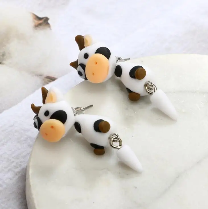Дизайн Kawaii мультфильм корова серьгу поделки ручной работы Полимерная глина 3D милые животные Серьги для Для женщин девочки; Дети подарок