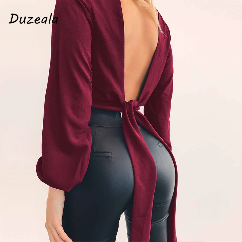 Sexy V Neck Wrap Sheath Exposed Navel Short Top Bow Tie Autumn Shirts Chiffon Women Blouses Backless Red White Crop Tops | Женская