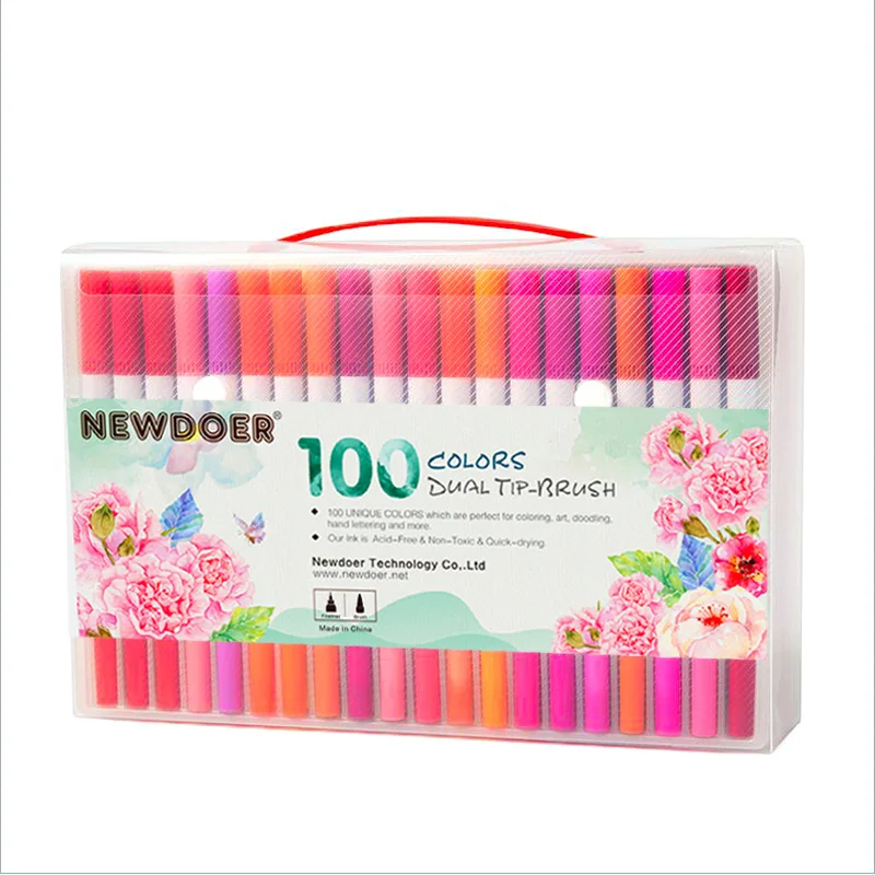 100 Colors Ручки-маркеры с двумя наконечниками для кистей Tanmit 0,4 Fineliners& кисть, текстовыделитель, набор ручек из 100 для взрослых, книжка-раскраска для заметок - Цвет: 100 Colors
