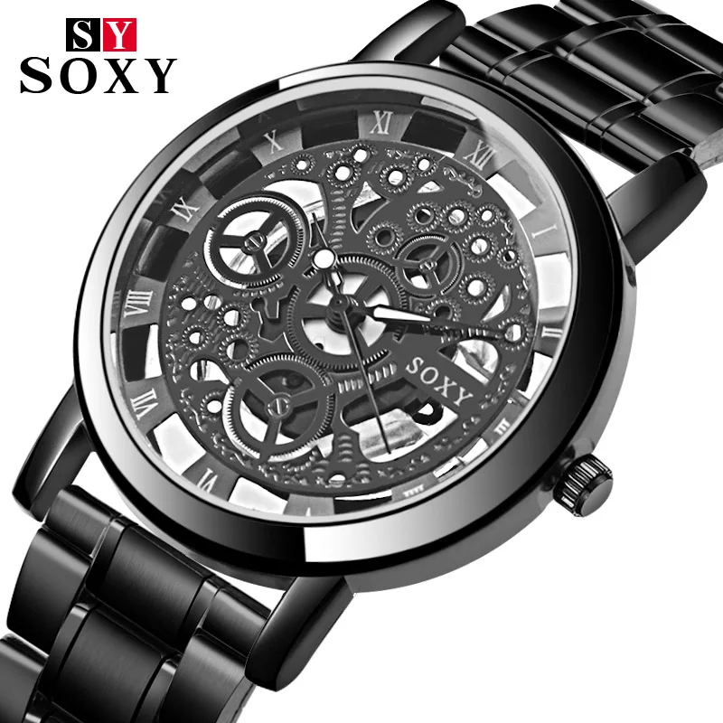 SOXY Relojes Hombre, мужские часы, скелет, Топ бренд, роскошные деловые часы, мужские часы из нержавеющей стали, relogio masculino saat - Цвет: Черный