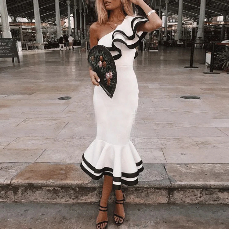 Для женщин Бандажное платье 2019 белое на одно плечо с оборками Русалка Свадебные