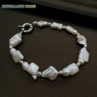 new kind small baroque pearl irregular square bracelet bangle white round coin flat shape natural freshwater pearls 3mm beads
