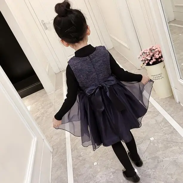 2018 Fall Winter Girls Wool Vest Dress Children's Bow Gauze Spliced Princess Dresses Female Kids One Piece DF174 | Детская одежда и