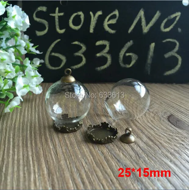 

Free ship!! 20sets/lot silver color 25*15mm glass globe & crown base & cap& necklace set glass vial pendant diy glass cover