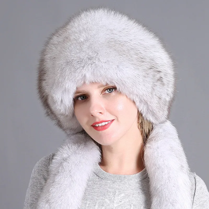 Женские зимние шапки из натурального Лисьего меха и кроличьего меха, шапка с 2 помпонами, цельный лисий хвост, русская зимняя уличная теплая монгольская шапка - Цвет: color5