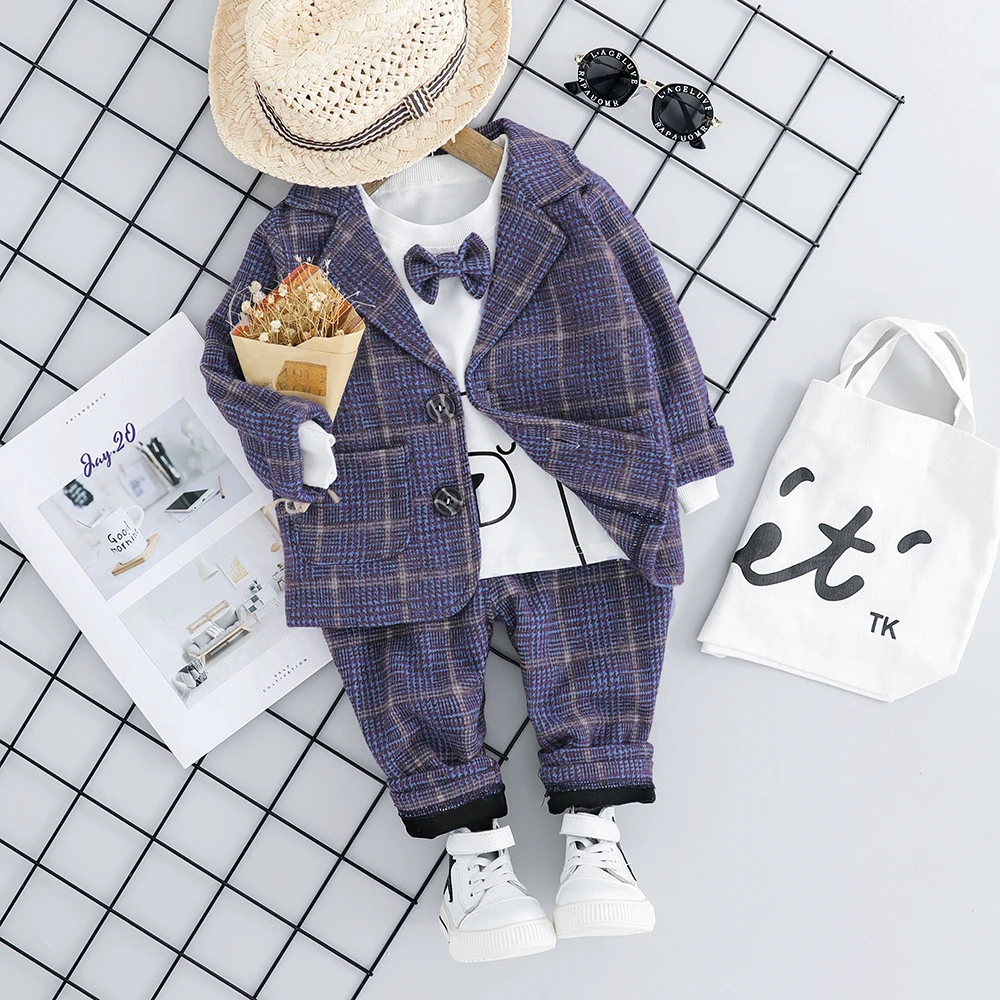 Purple No Hat Shoes Костюм в клетку для маленького мальчика года содержит 3 комплекта модной одежды для мальчиков дошкольников. Детский костюм для мальчиков и детей куртка+ футболка+ брюки, 1 2 3 4 года детям - Цвет: Purple No Hat Shoes