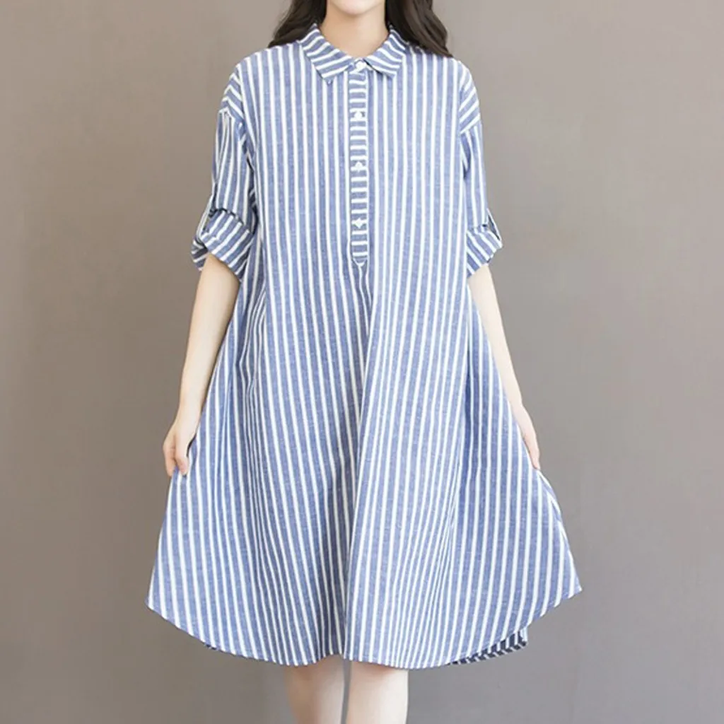 2019 летние женские свободные пляжные платья с талией туника в синюю полоску для