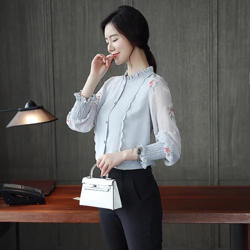 Spring Korean Version Chiffon Women Shirt 2019 New Style Autumn Stand Collar Embroidery Work Wear Female Fashion Slim Blouses |