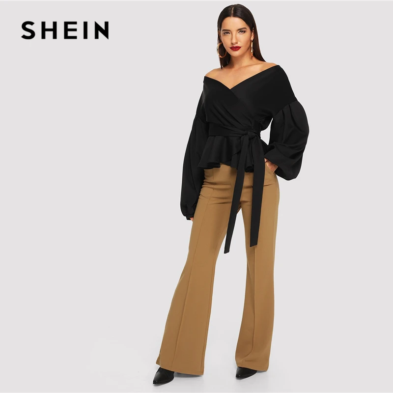 

SHEIN Black Workwear Solid Belted Off the Shoulder Lantern Sleeve Surplice Peplum Blouse Autumn Elegant Women Tops And Blouses