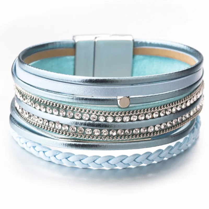 ALLYES плетеный кожаный браслет женский pulseira feminina Boho кристалл металлический Шарм Многослойные широкие браслеты для женщин ювелирные изделия - Окраска металла: Blue