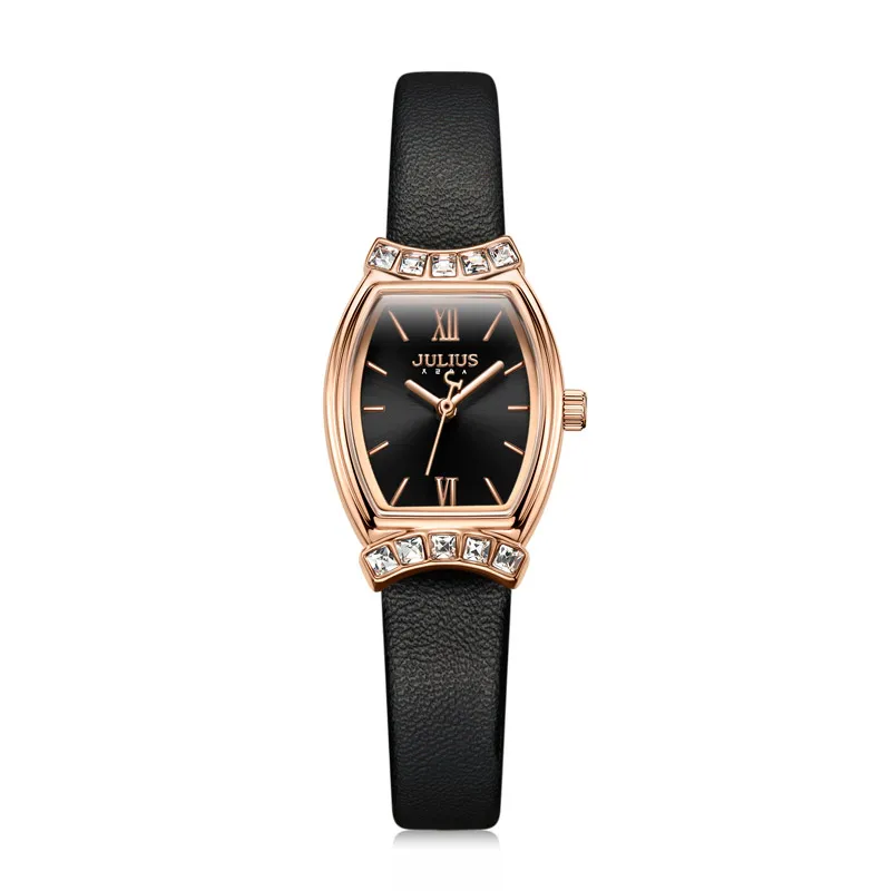 Новые Julius женские часы Япония Mov't Lady Hours Fine Fashion платье браслет из натуральной кожи Стразы подарок на день рождения для девочек - Цвет: Черный
