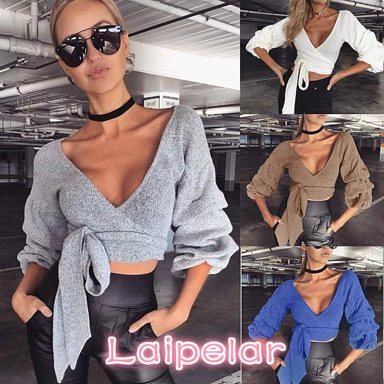 

Women Sexy Deep V Neck t shirt Long Sleeve Crop Tops Bandage Female Solid Lace Up Shirts Laipelar
