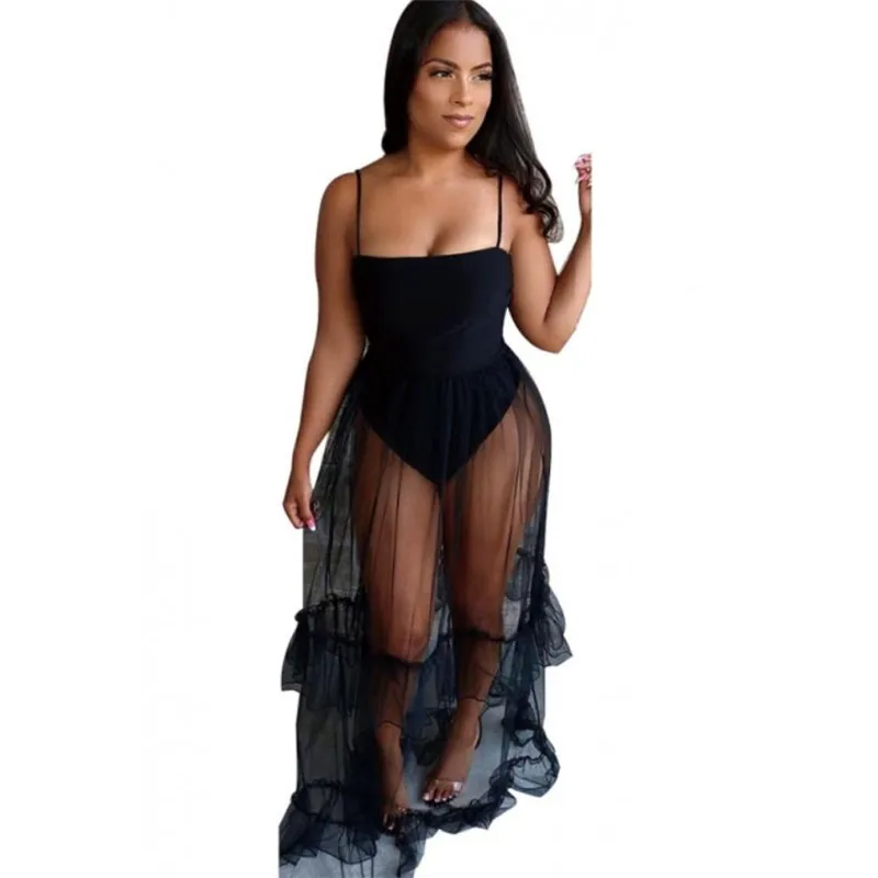 Женское Прозрачное платье длинное прозрачное Сетчатое без рукавов с кружевной