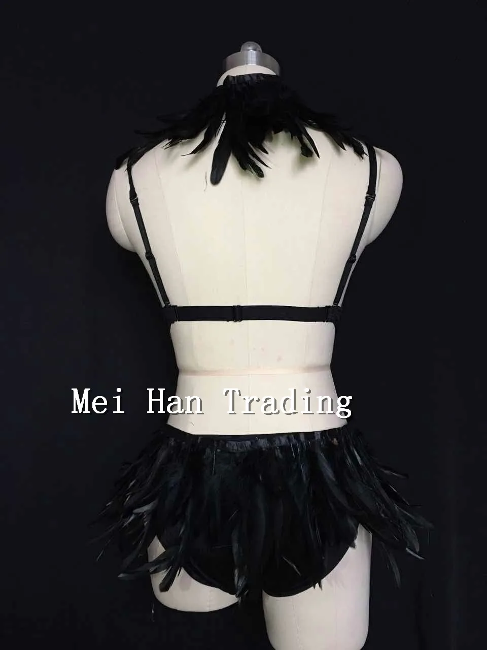 Bright Sequins Black Feather Bodysuit Stage Dancewear Costume Set Female Singer Prom Wear Fashion Show Dj Outfit Clothing