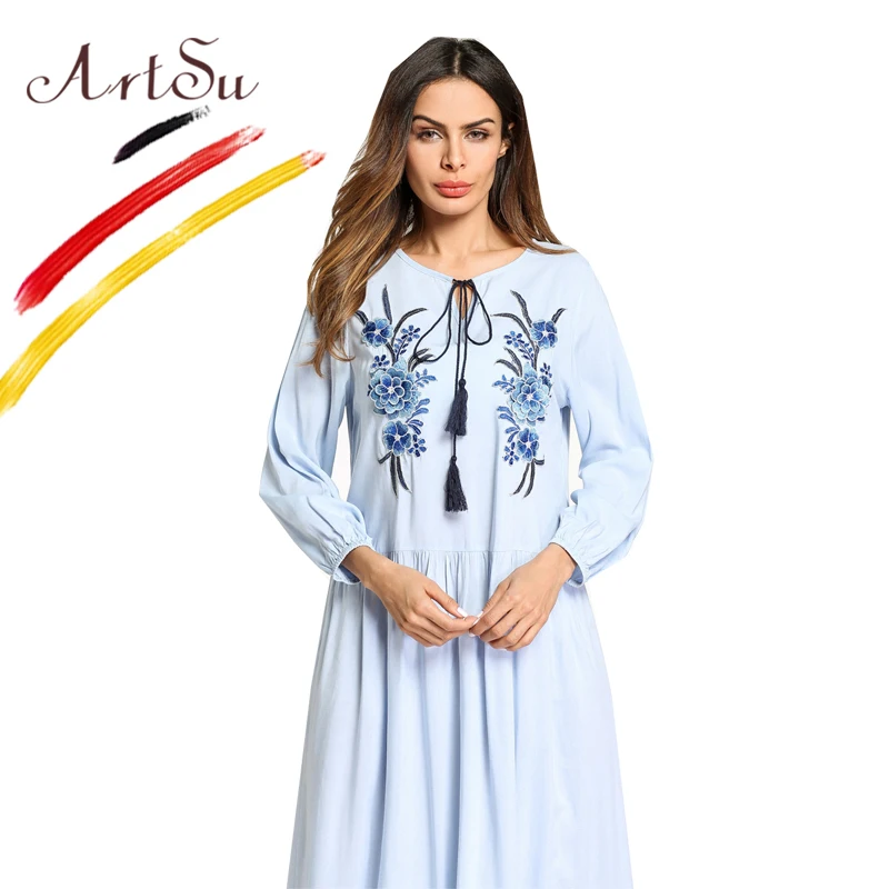 ArtSu PlusSize женское платье 2018 Ретро этнический цветок вышивка повседневное длинное