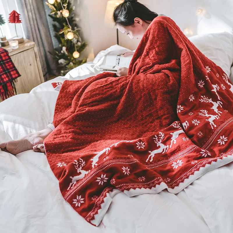 iDouillet Christmas Deer Elk Reversible Knitted Throw Blanket for Bed Sofa Couch Chair Outdoor Travel 130x160cm Decor Cover | Дом и сад