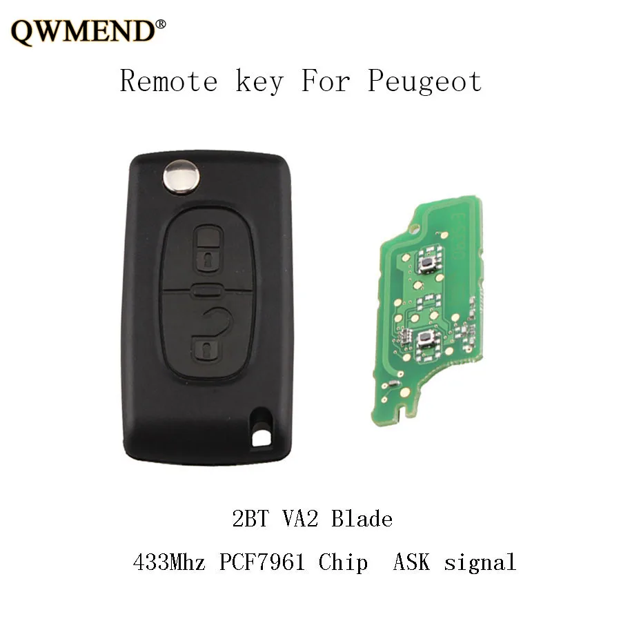 QWMEND 2 кнопки VA2 лезвие 433 МГц с PCF7961 полный удаленный ключ для PEUGEOT 207 208 307 308 408 2005 2011