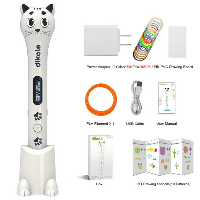 EU Plug White add36m Dikale 3D Ручка для рисования Impresora Imprimante милый кот дизайн USB OLED 3D печать Ручка принтера Карандаш нити безопасности DIY подарок - Цвет: EU Plug White add36m