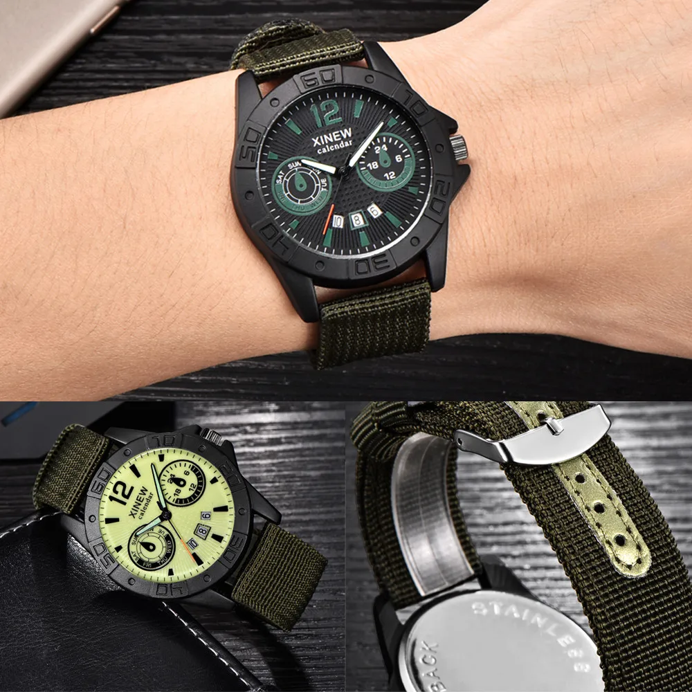 XINEW Canvas Wrist Watches Men's Sport Calendar Clock Relogio Masculino Top Brand Men Steel Dial Military Quartz Watch#Zer