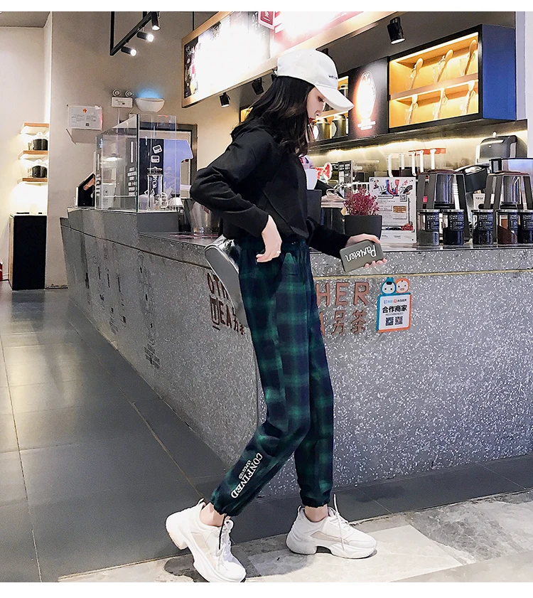 Jielur спортивные штаны женские клетчатые брюки женский корейский стиль Harajuku Boyfriends широкие брюки свободные винтажные зеленые клетчатые джоггеры женские эластичные талии