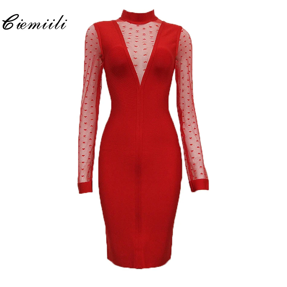 Женское Сетчатое Бандажное платье CIEMIILI однотонное красное/черное до колена с