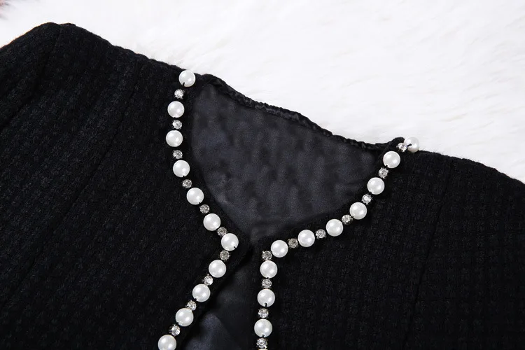 

2020 Winter Spring Runway Cardigan Cape Style beaded jacket Femme Coat +Short Ruffles Skirt 2 Pcs Women Black Beading Skirt Set
