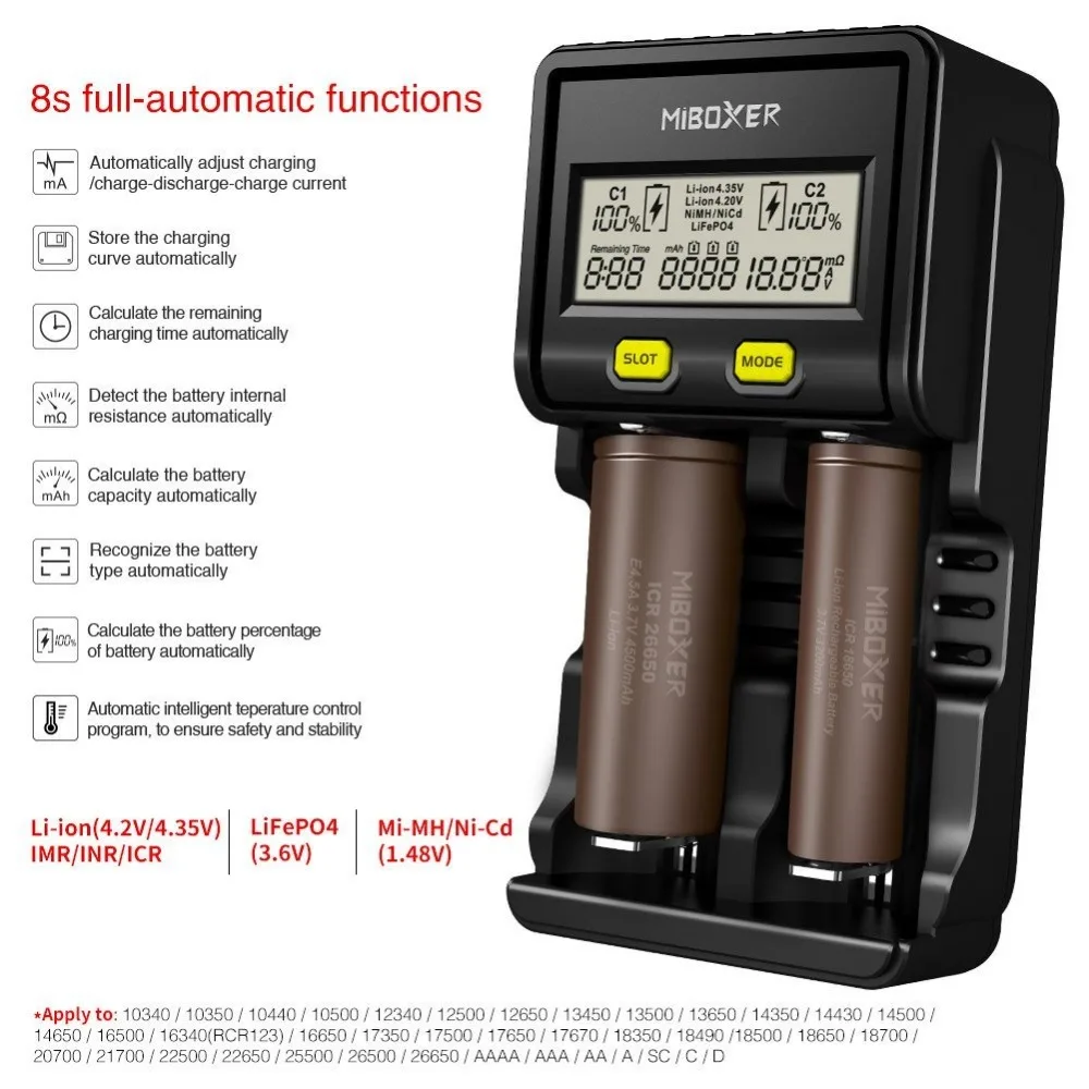 Зарядное устройство 18650 Miboxer 8 слотов 4 слота ЖК-дисплей 1.5A для Li-Ion LiFePO4 Ni-MH Ni-Cd AA 21700 20700 26650 18350 17670