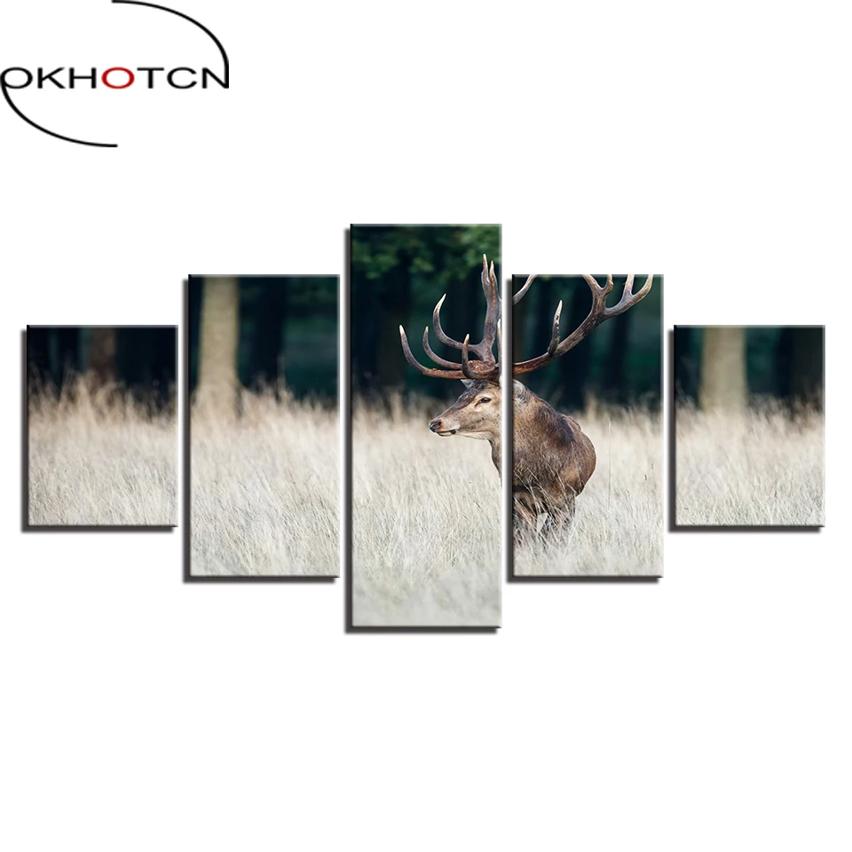 

OKHOTCN Framed Home Decor Canvas HD Prints Picture 5 Pieces Animal Deer Painting Summer Prairie Buck Poster Living Room Wall Art