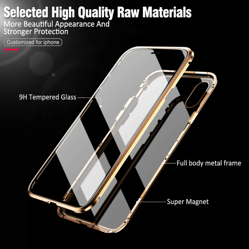 Двухсторонний стеклянный металлический магнитный чехол для iPhone X 10 XS MAX XR