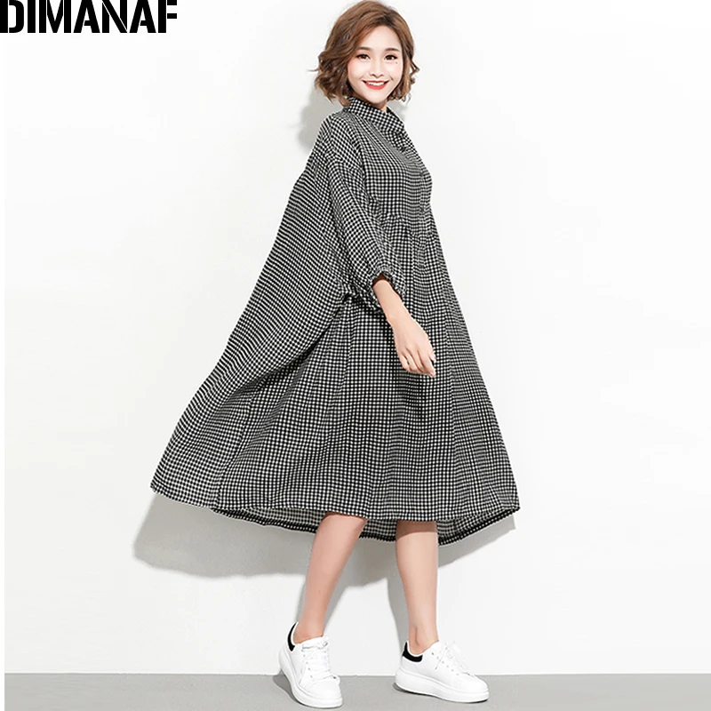 DIMANAF Women Dress Summer Oversize Femme Lady Batwing Vestido Vintage Black Plaid Large Big Clothing Loose Oversized 150KG Fit | Женская