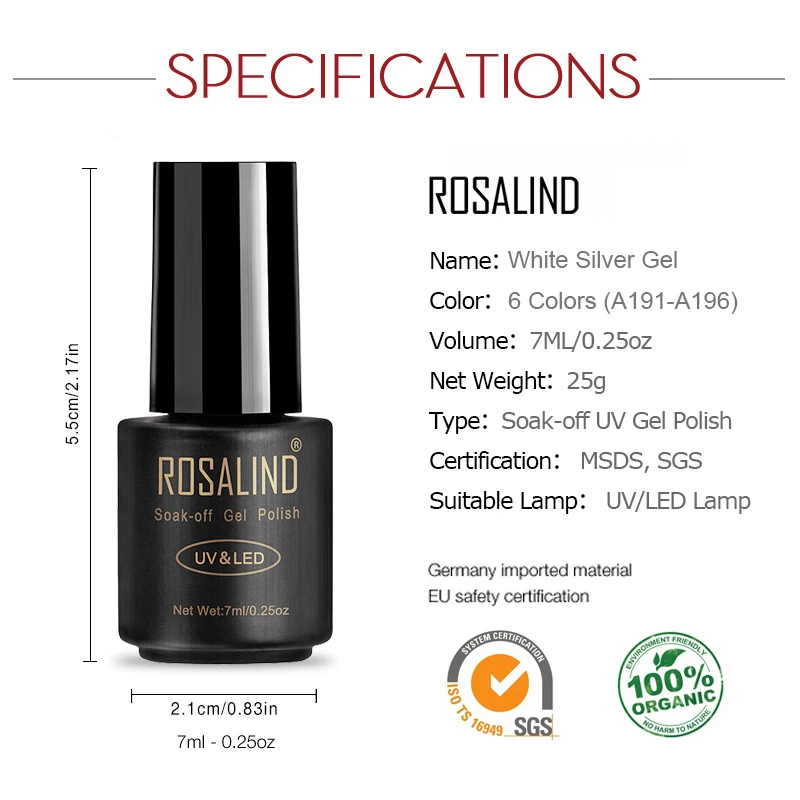 ROSALIND Гель-лак 7 мл для дизайна ногтей Vernis полуперманентный Гель-лак Soak off top coat UV для дизайна маникюрный Гель-лак для ногтей