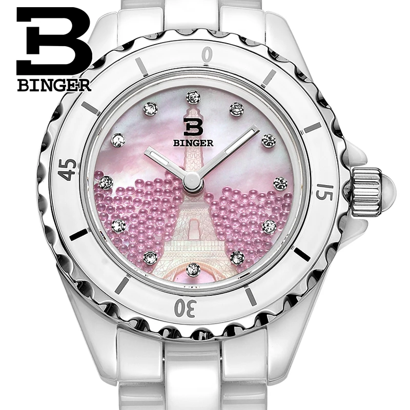 Genuine Luxury BINGER Women ceramic quartz dress watch fashion female diamond rhinestone diamond waterproof relief Eiffel Tower