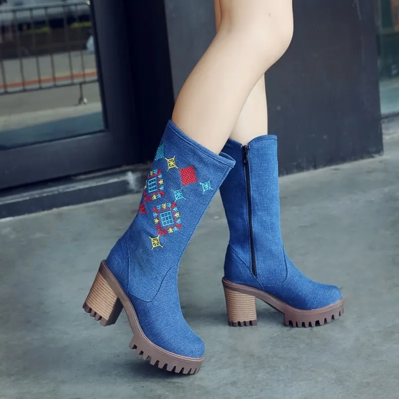 US4-11 женские джинсы с круглым носком ботинки до середины икры вышивкой