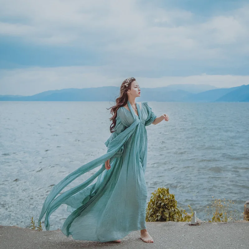 Женское длинное вечернее платье из хлопка и льна Длинное свободное с v-образным