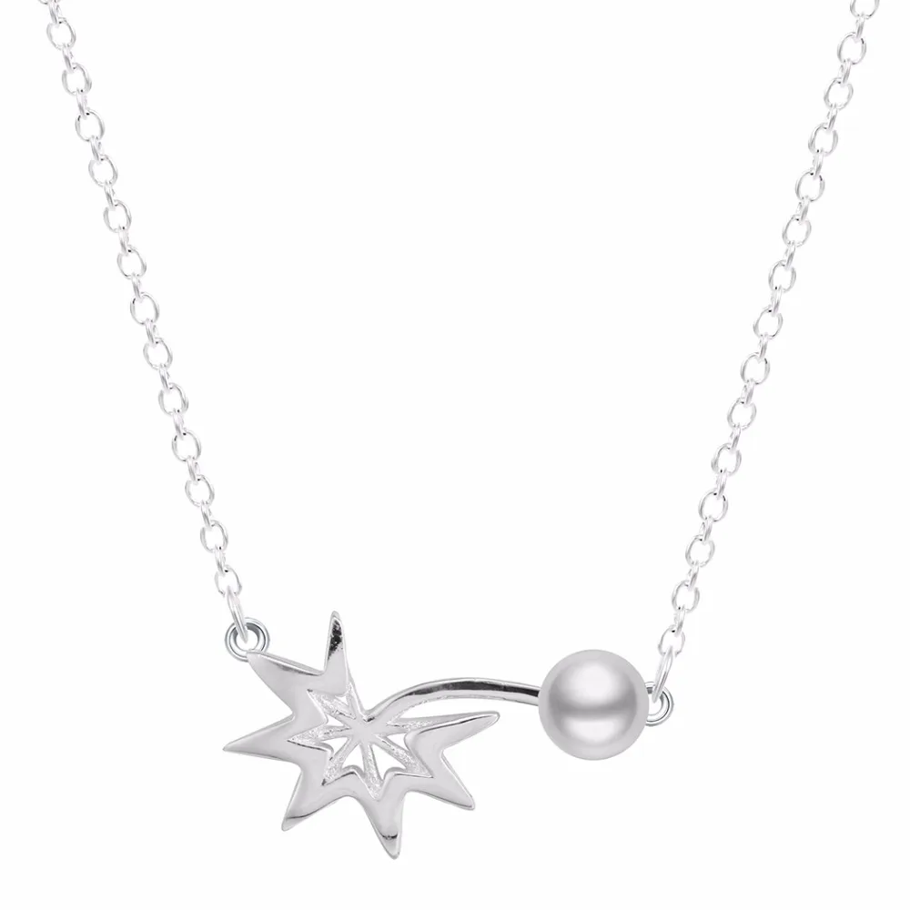 Kinitial 925 Silver Leaf Imitation Pearl Necklaces Pendants Leaves Star Necklace Statement for Women Chain Jewelry | Украшения и