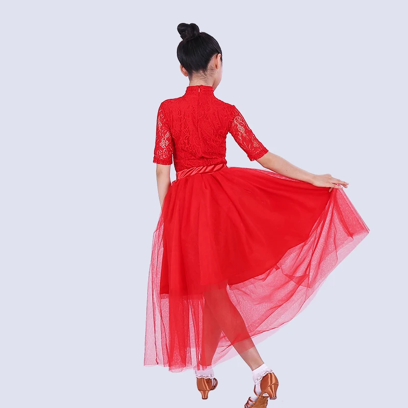 Детские танцевальные платья для девочек красная/белая кружевная юбка с длинным