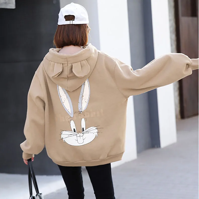 Женские бархатные толстовки Kpop Kawaii Rabbit с принтом из мультфильма свободная