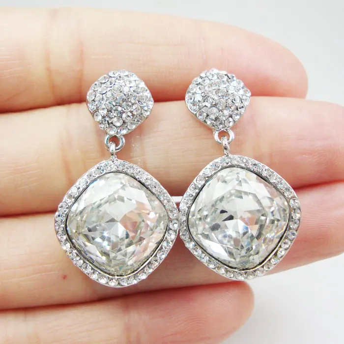 

Silver Tone Unique Bride Wedding Rhombus Style Dangle Crystal Earrings Clear