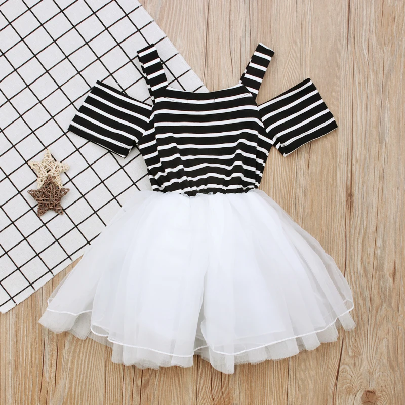2018 Summer Girls Dresses Fashion Striped Short Sleeve Dress Princess Yarn Classic Popular Children's Clothing Black DS15 | Детская