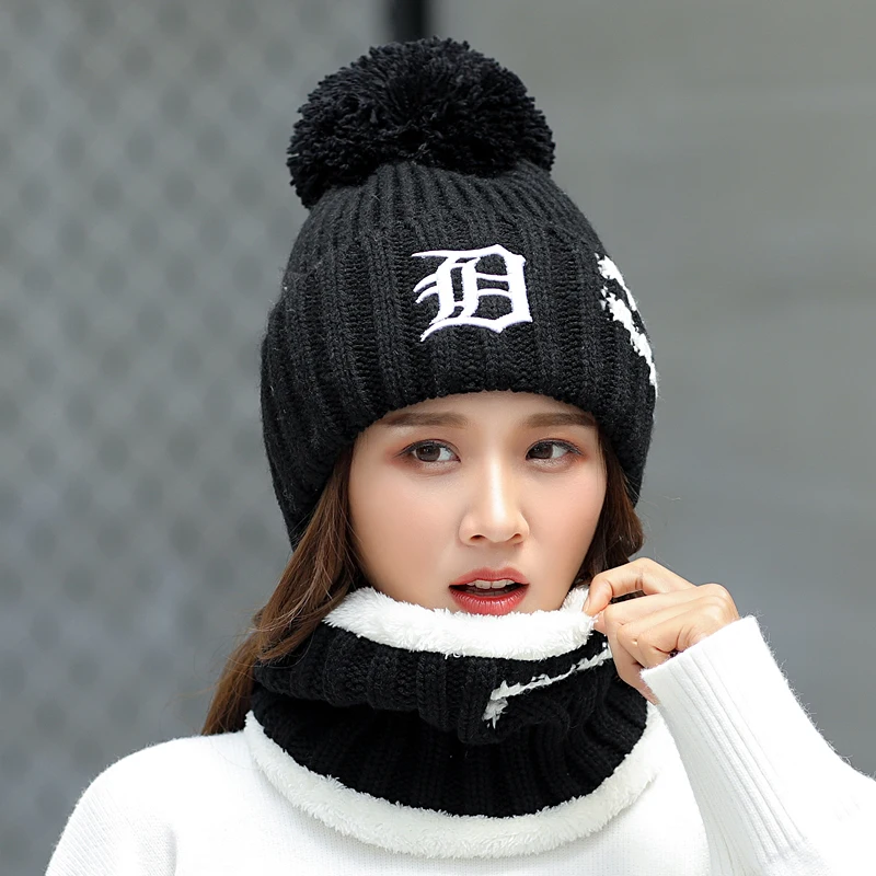 Зимняя женская шапка шарф комплект 2 шт. вязаные шапки помпоны вязаная s для