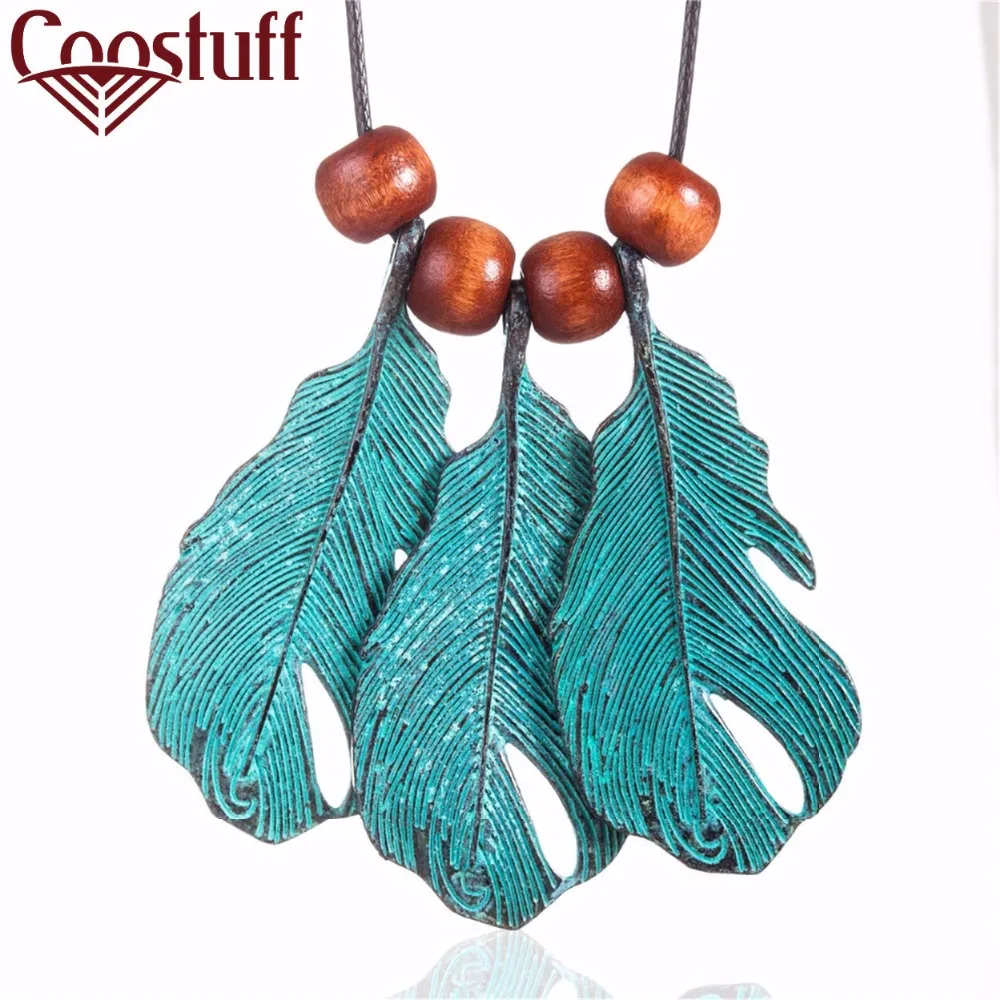 2017 Винтаж Колье Для женщин основа для кулонов и ожерелья зеленый перья женщина