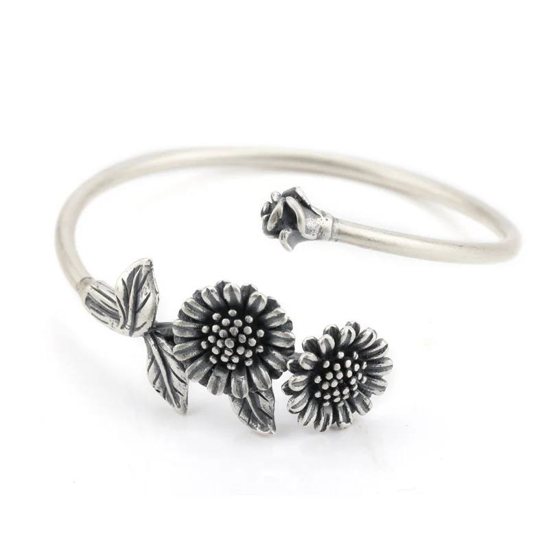 

925 Sterling Silver Bangle with Silver Sunflower Positive and optimistic life European Style Bangle For Women Thai Silve Jewelry